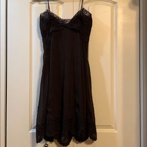 Chocolate brown, spaghetti strap, side zip, brocade trim, fully lined dress